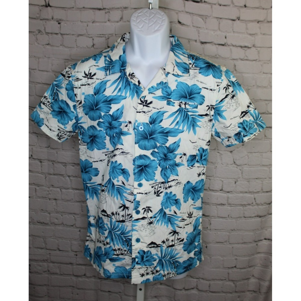 XIOS New York Men's Blue Floral Button Up Hawaiian Shirt Size Small 100% Cotton